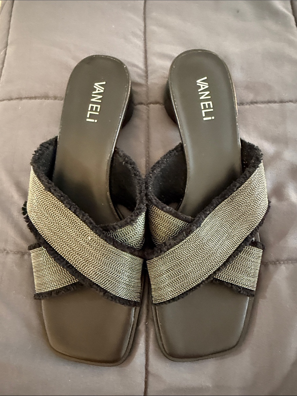 Vaneli Black and Silver Crisscross Slide Mules